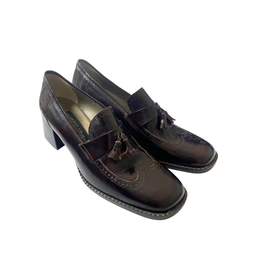 Moreo Club Milano Vintage Tassel Loafers Block Heel - Brown Leather Shoes